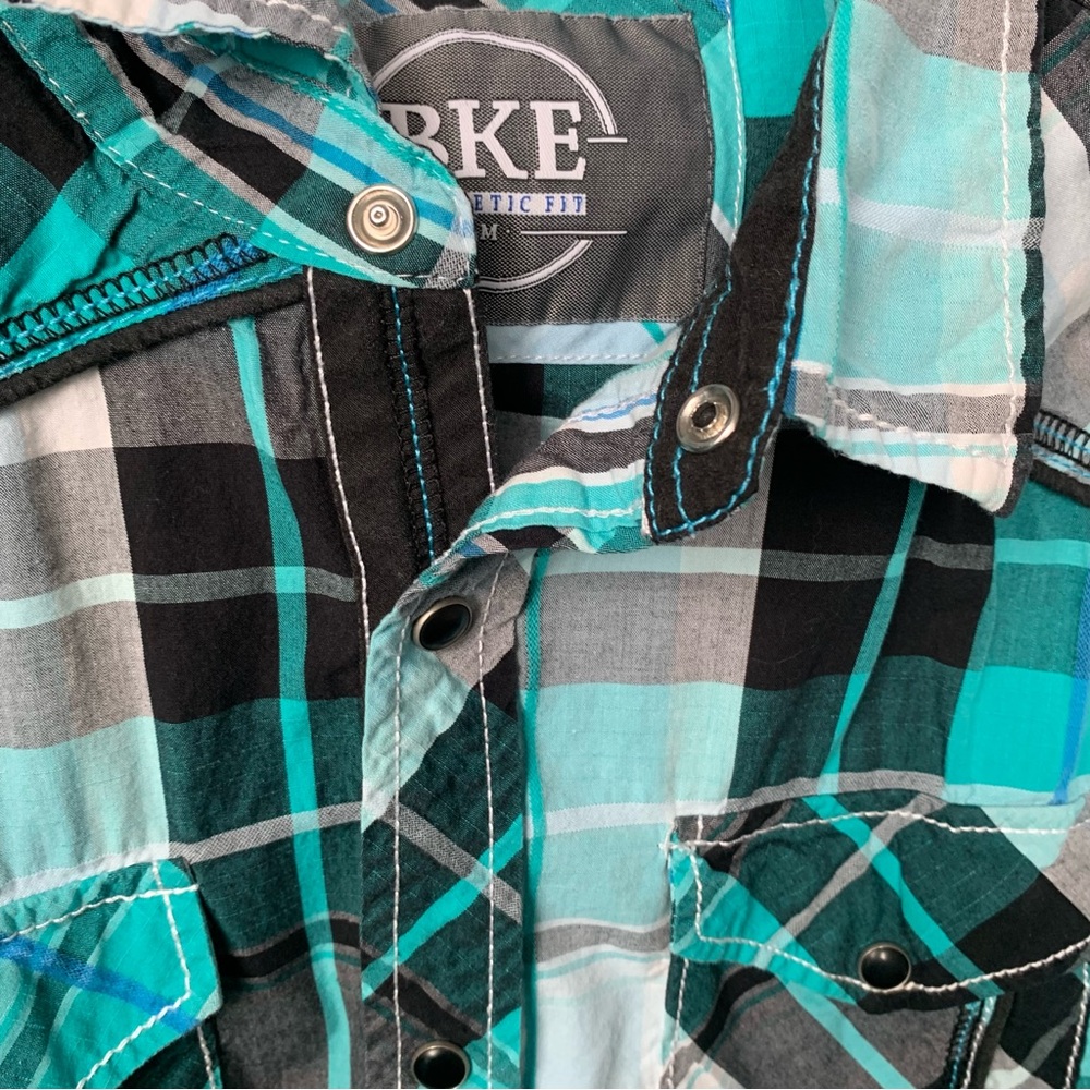 BKE men’s short sleeve button-down shirt, teal blue black gray, western cowboy - Picture 5 of 10
